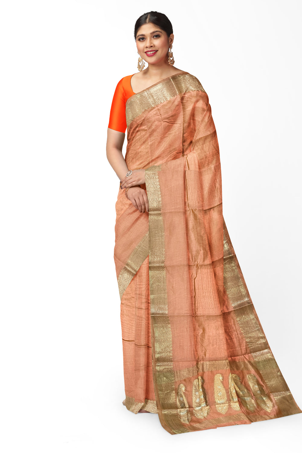 Southloom Cotton Plain Light Brown Saree with Kasavu Woven Border