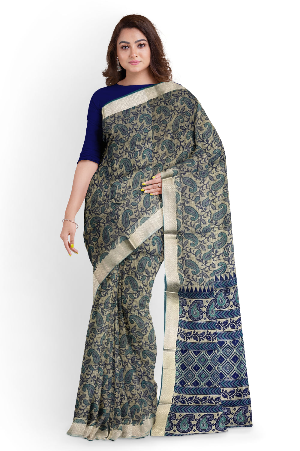 Southloom Cotton Teal Blue Paisley Printed Saree