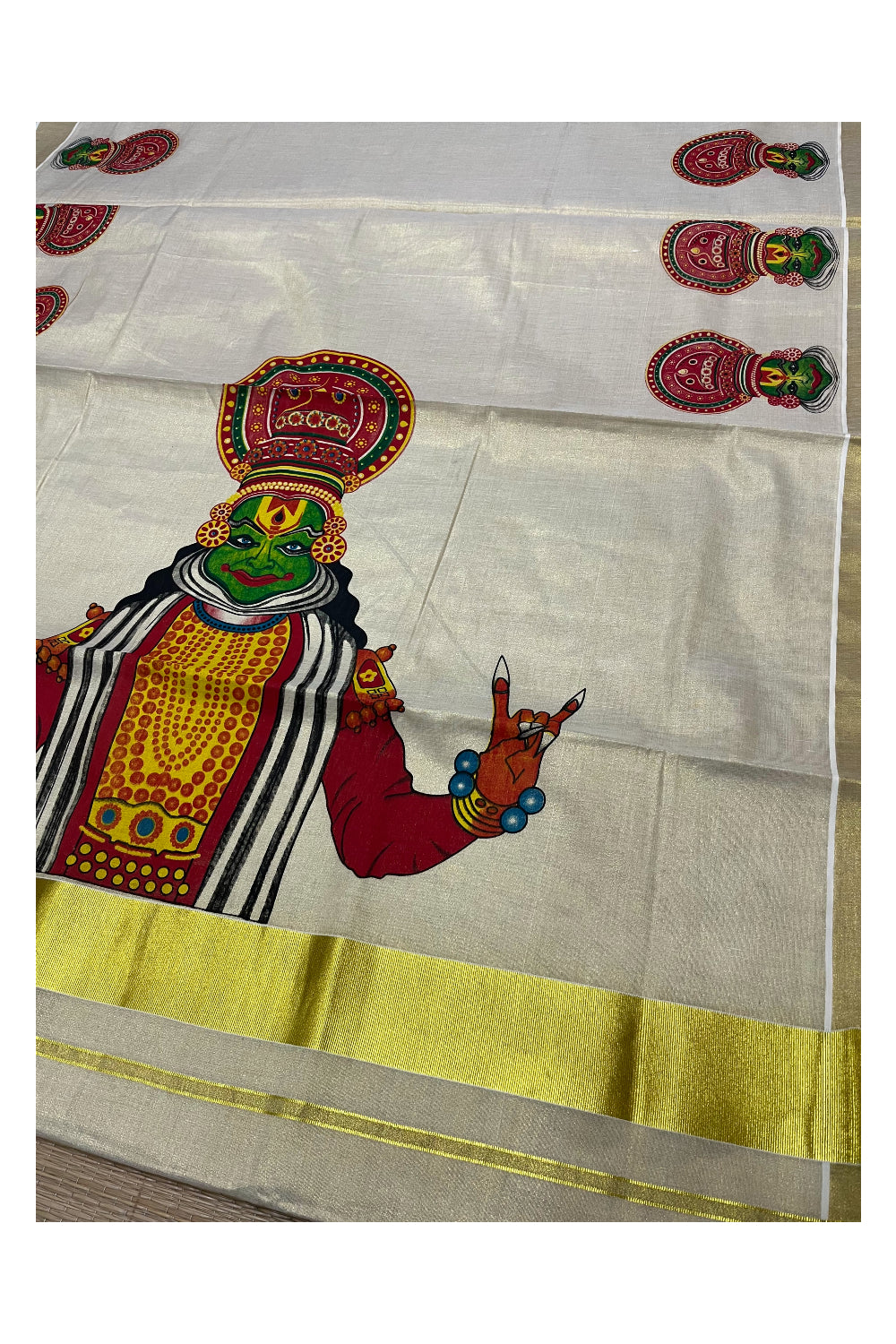 Kerala Tissue Kasavu Saree with Kathakali Mural Printed Designs