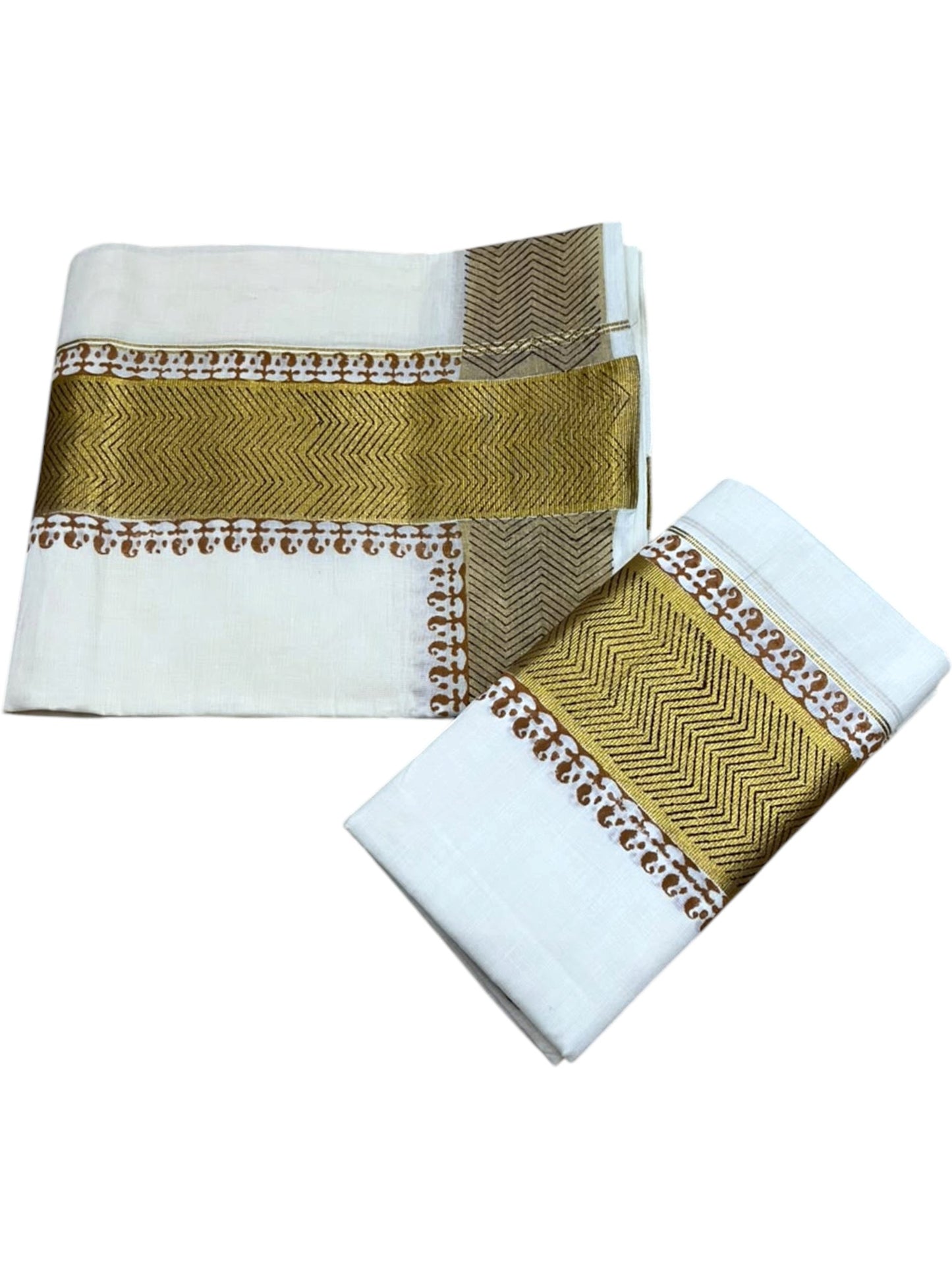 Southloom Pure Cotton Set Mundu with Gold Kasavu and Digital Print in Mustard Yellow 2.80 Mtrs SL374