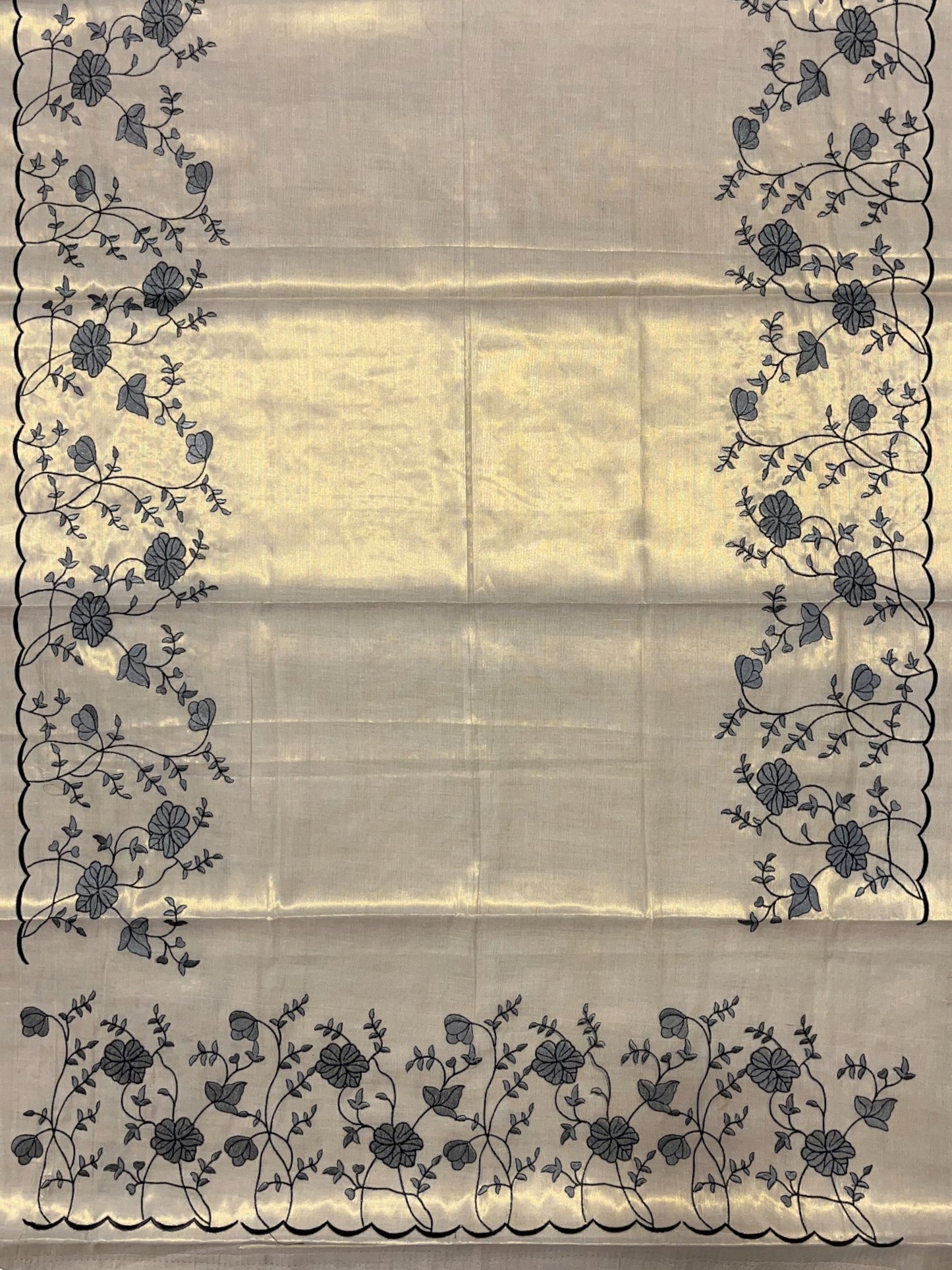 Southloom Cotton Kerala Saree with Grey Floral Embroidery Design on Border