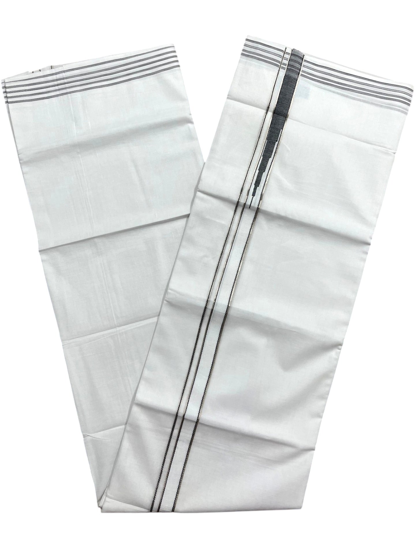Pure White Cotton Double Mundu with Silver and Black Chutti Kara (South Indian Dhoti)