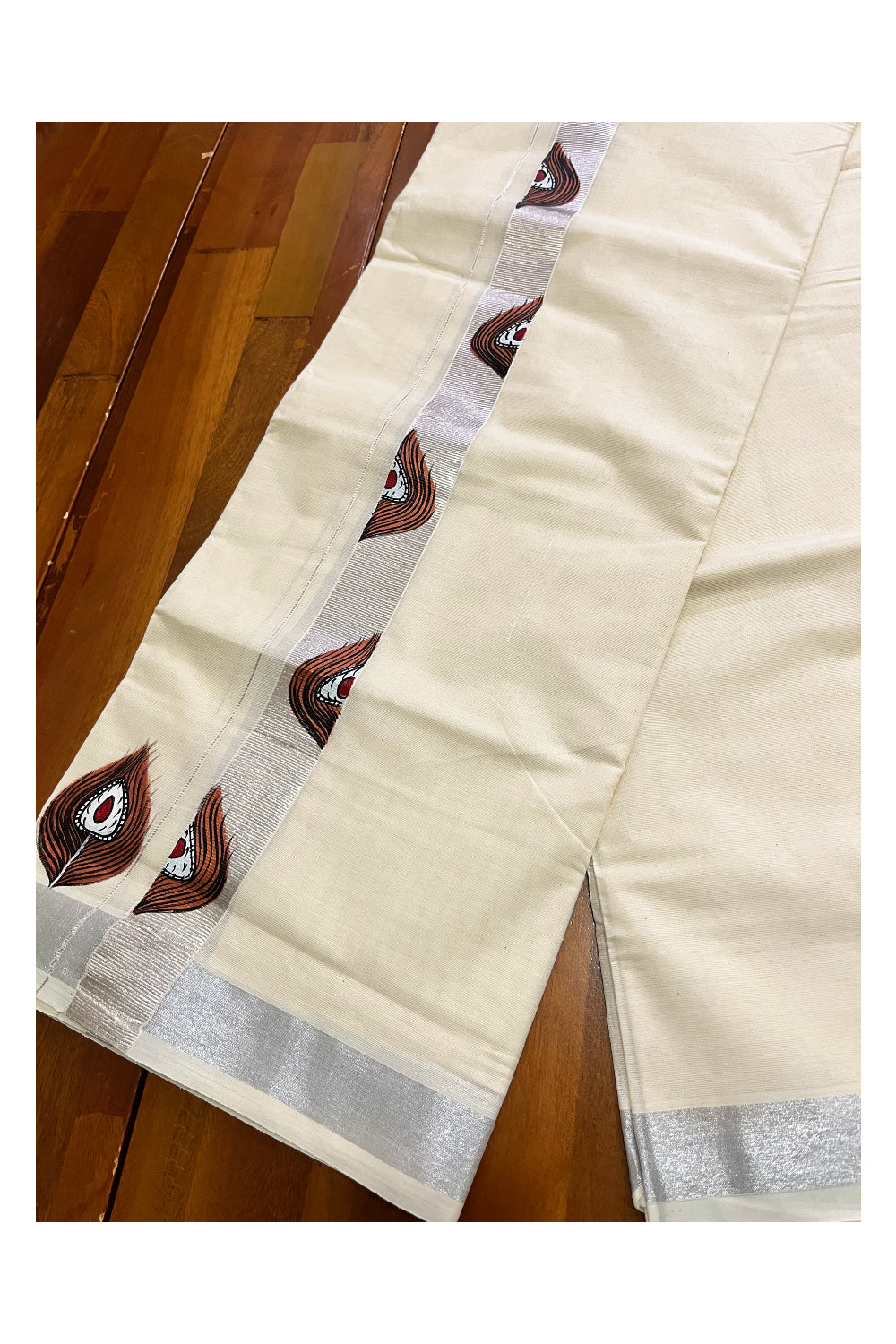 Pure Cotton Kerala Double Mundu with Silver Kasavu Hand Painted Design Border (South Indian Kerala Dhoti)