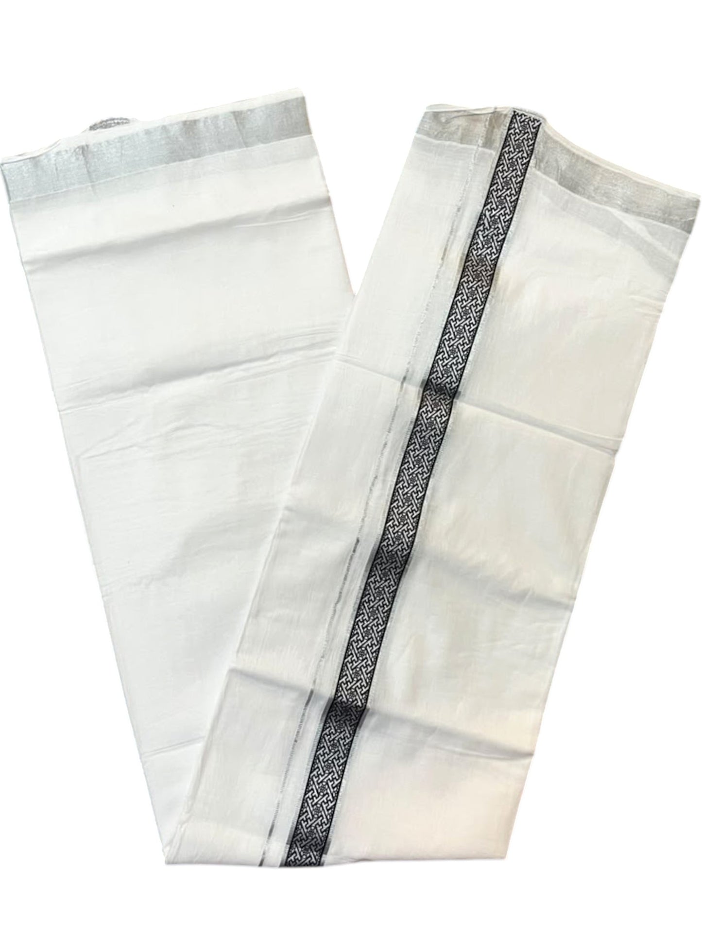 Southloom Pure White Cotton Mundu with Black and Silver Kasavu Border (South Indian Kerala Dhoti)