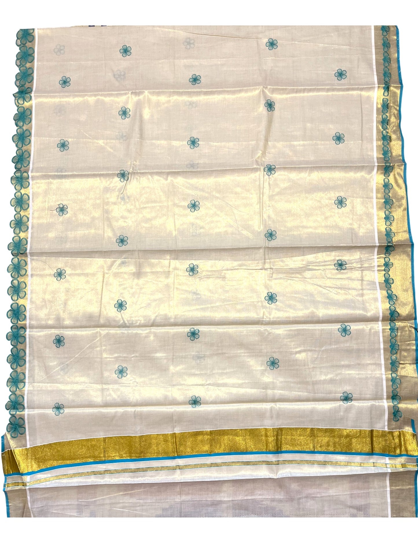 Southloom Kerala Tissue Kasavu Saree with Turquoise Floral Embroidery on Body and Border