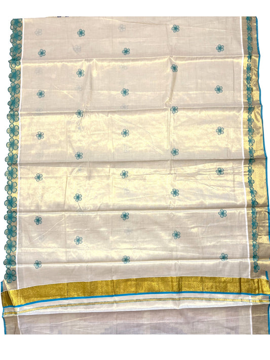 Southloom Kerala Tissue Kasavu Saree with Turquoise Floral Embroidery on Body and Border