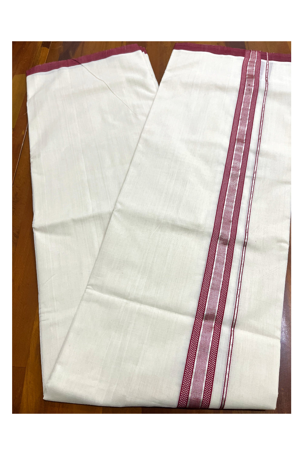 Premium Balaramapuram Handloom Unakkupaavu Cotton Double Mundu with Silver Kasavu and Maroon Border (Vishu 2024 Collection)