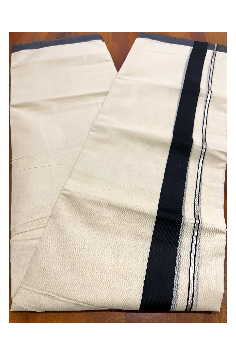 Pure Cotton Double Mundu with Silver Kasavu and Black Border (South Indian Kerala Dhoti)