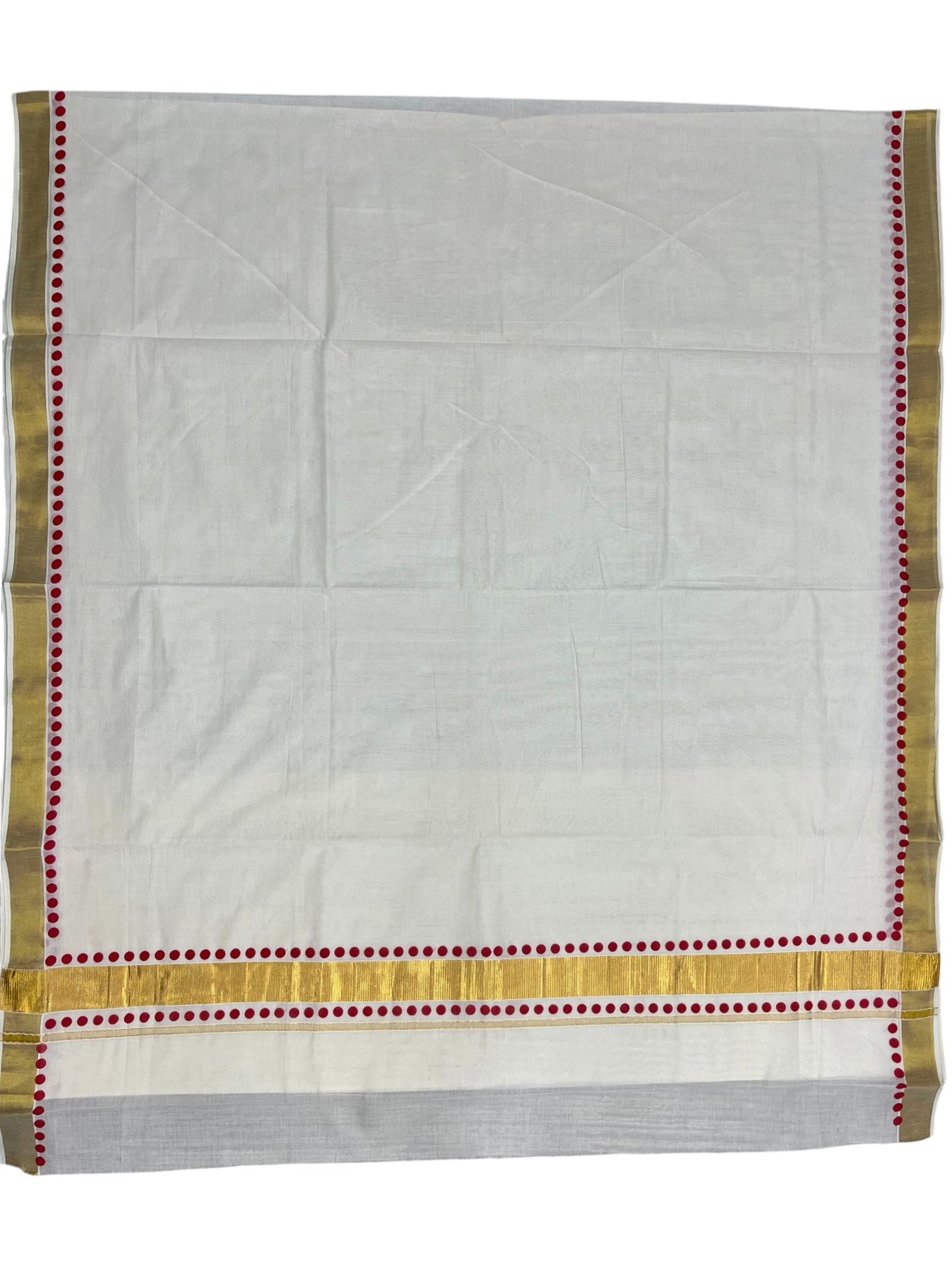 Southloom Cotton Kerala Kasavu Saree with Red Polk Dots Design Border