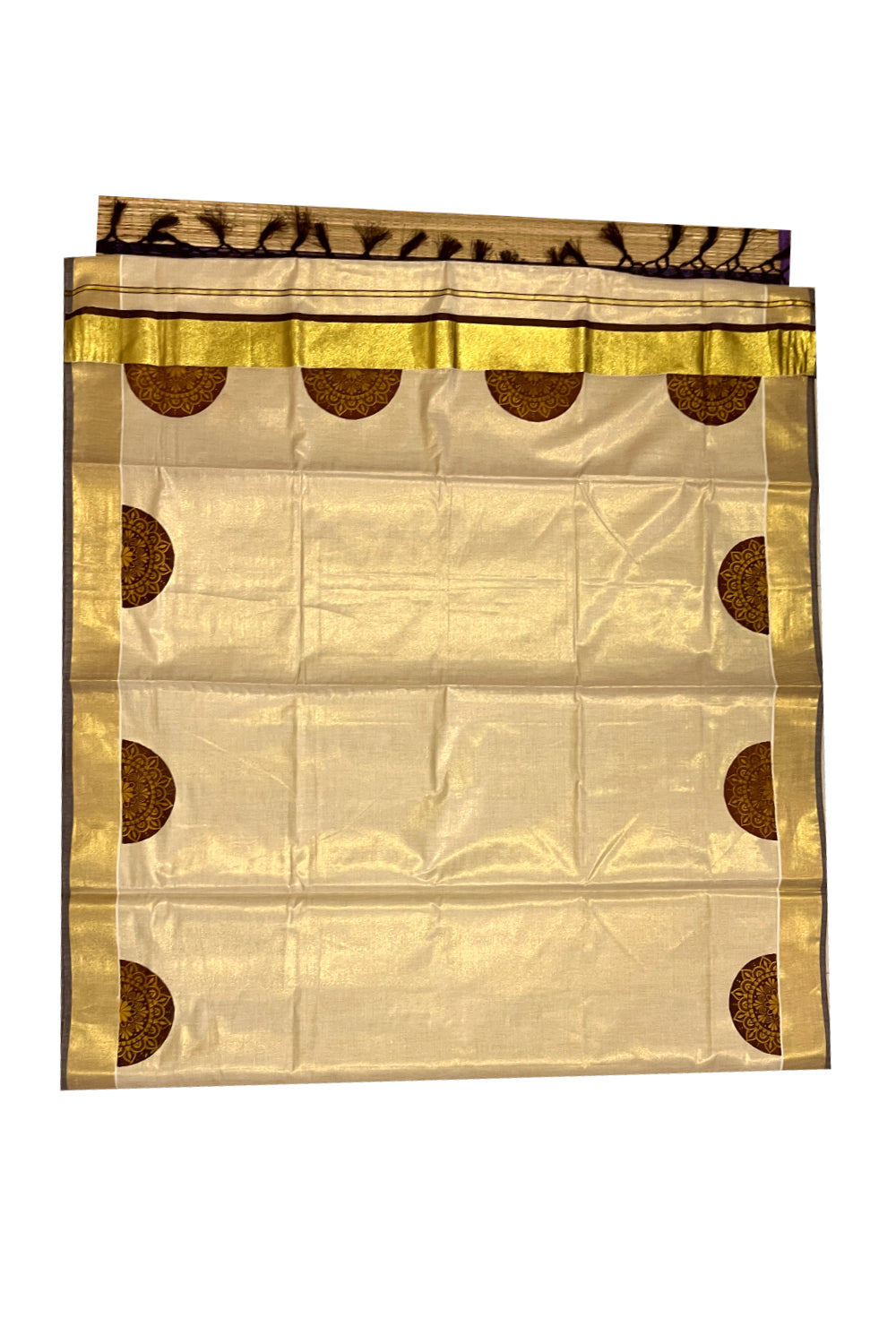 Kerala Tissue Kasavu Saree with Brown Block Prints and Kasavu Brown Border