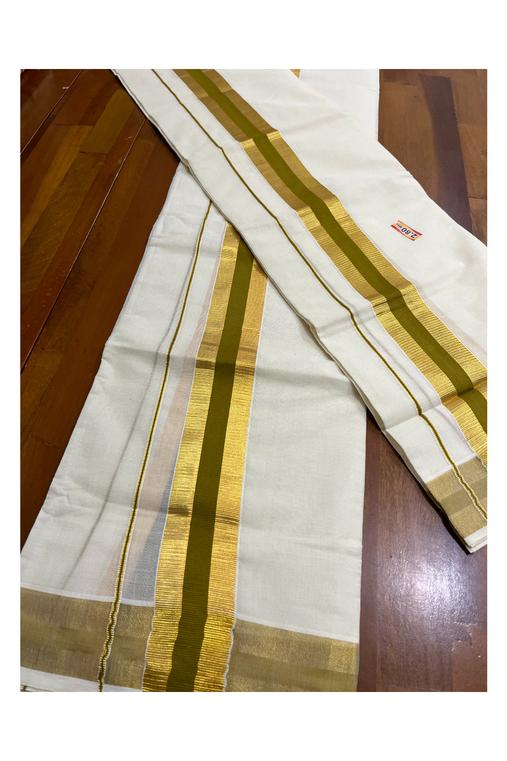 Kerala Cotton Set Mundu (Mundum Neriyathum) with Olive Green and Kasavu Border 2.80 Kasavu