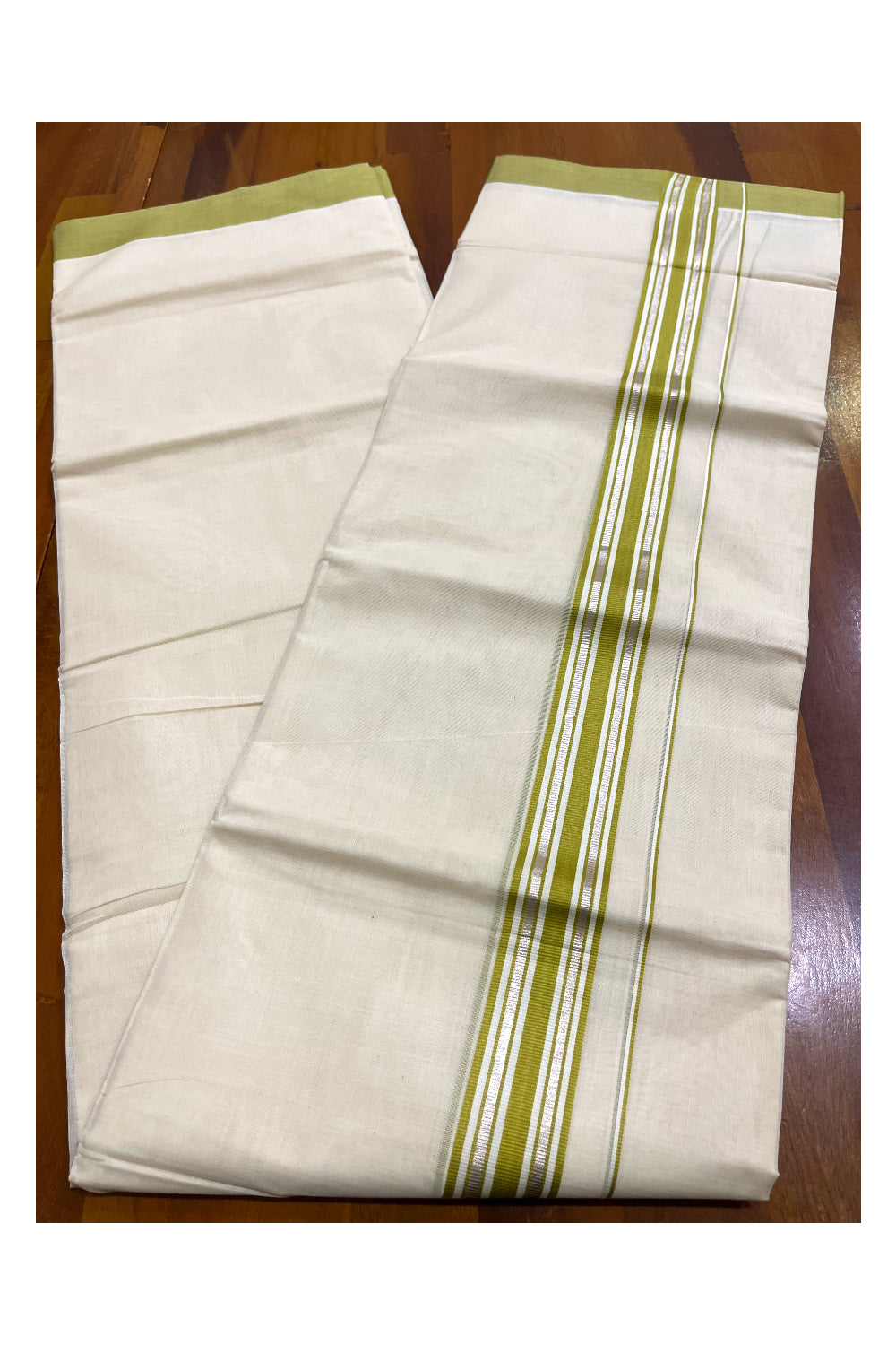 Kerala Pure Cotton Double Mundu with Silver Kasavu and Light Green Border (South Indian Kerala Dhoti)