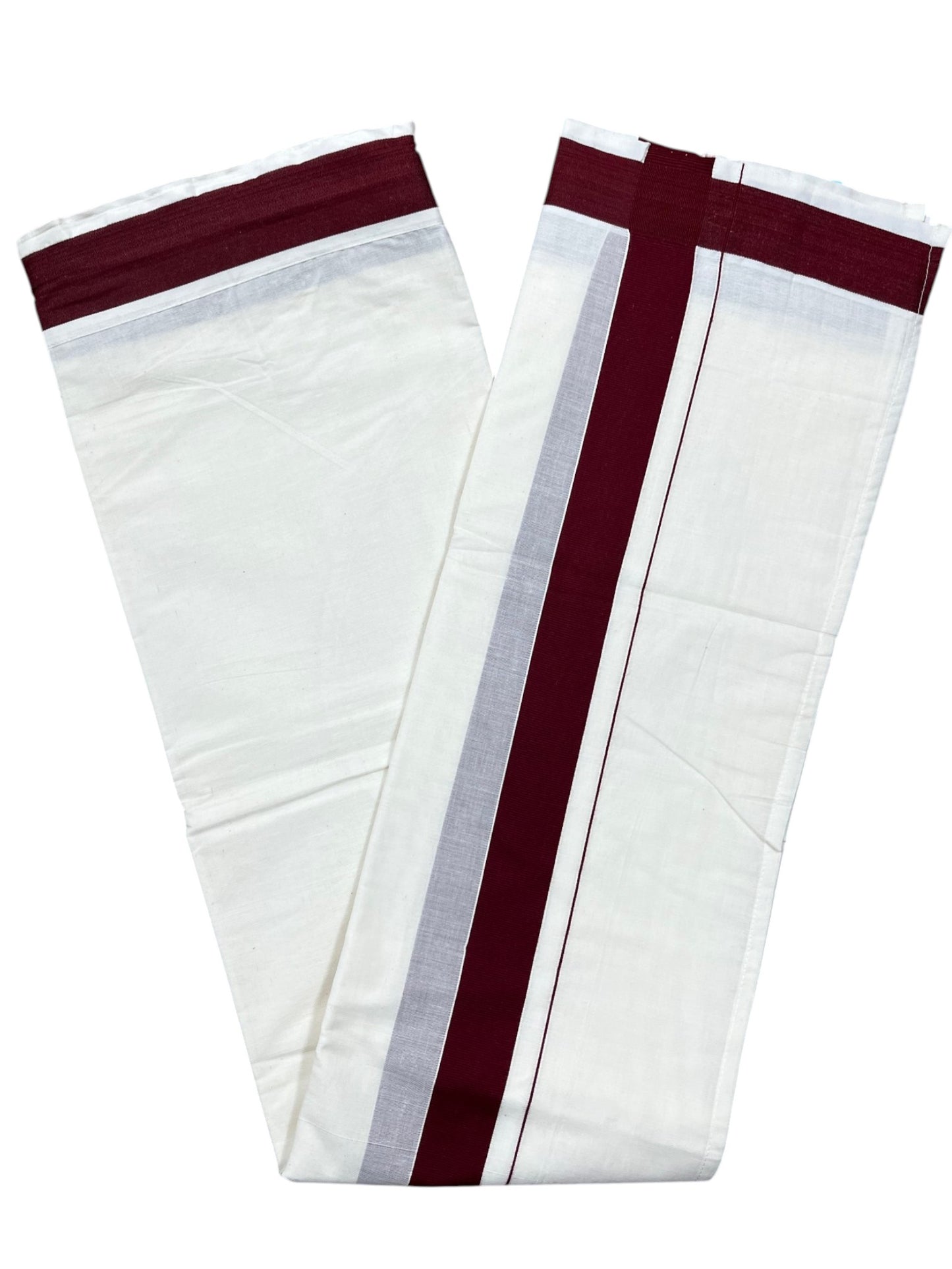 Southloom Kerala Cotton Velcro Double Mundu with Maroon Border (South Indian Kerala Dhoti) in 3.85 mtrs
