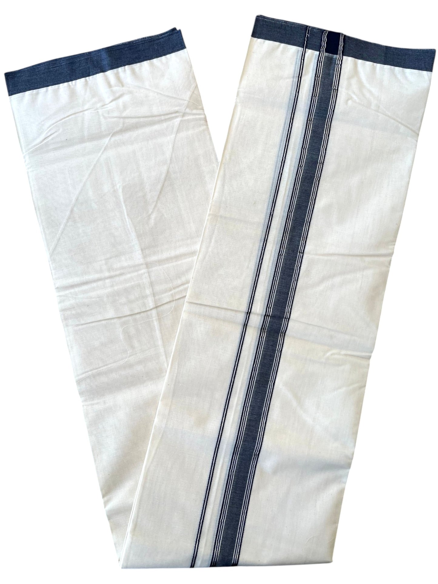 Southloom Pure Cotton Mundu with Silver Lines and Blue Border (South Indian Kerala Dhoti)