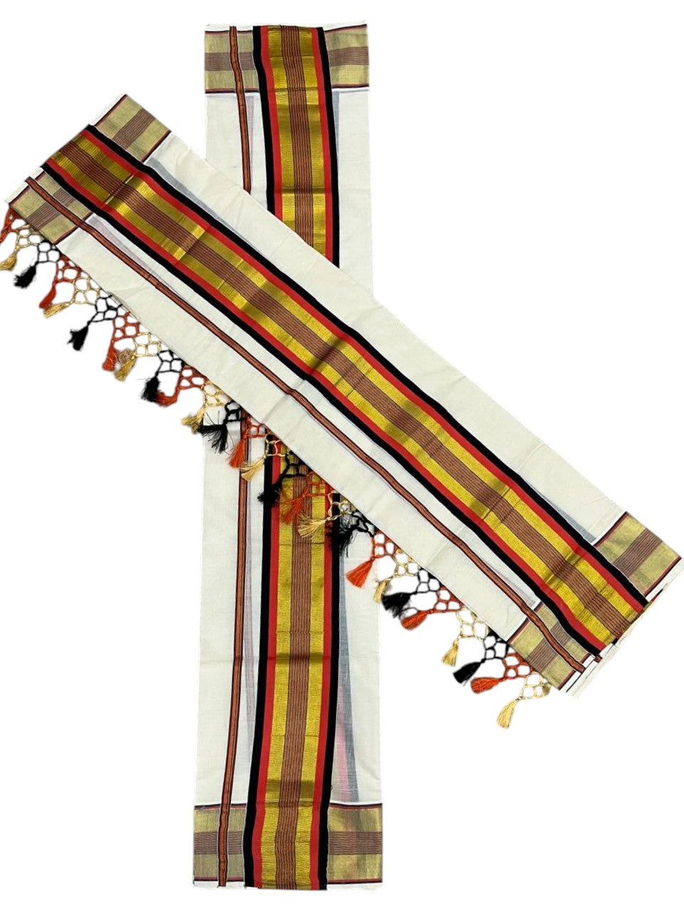 Southloom Kerala Cotton Kasavu Single Set Mundu (Mundum Neriyathum) with Orange and Gold Kasavu Lines .SLKK SL518