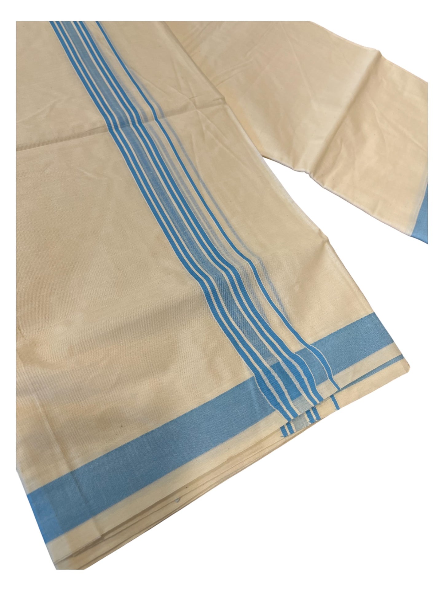 Southloom Pure Cotton Double Mundu With White Lines &Blue Border (South Indian Kerala Dhoti)