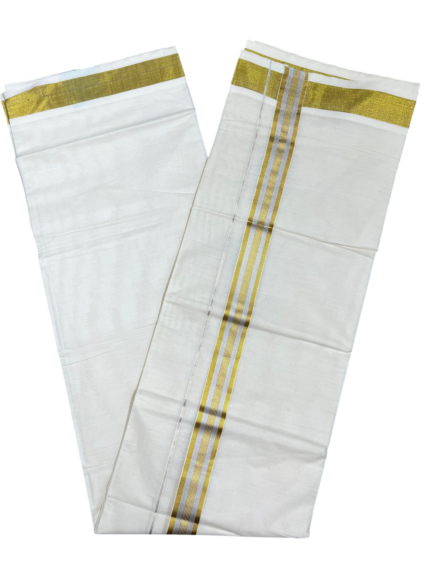 Pure Cotton Off White Double Mundu with Silver and Gold Kasavu Lines Kara (South Indian Kerala Dhoti)