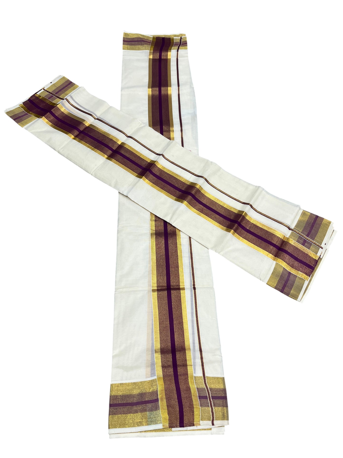Southloom Pure Cotton Kerala Single Set Mundu (Mundum Neriyathum) with Purple and Kasavu Border 2.80 Mtrs SLKK