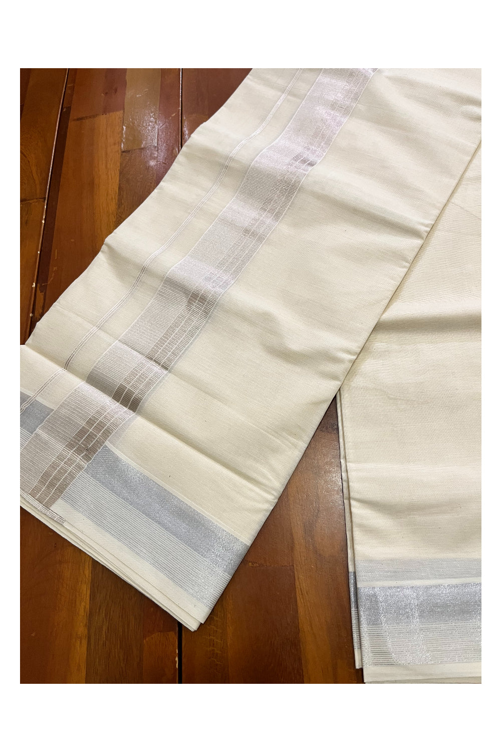 Off White Kerala Cotton Double Mundu with Silver Kasavu Lines Border (South Indian Dhoti)