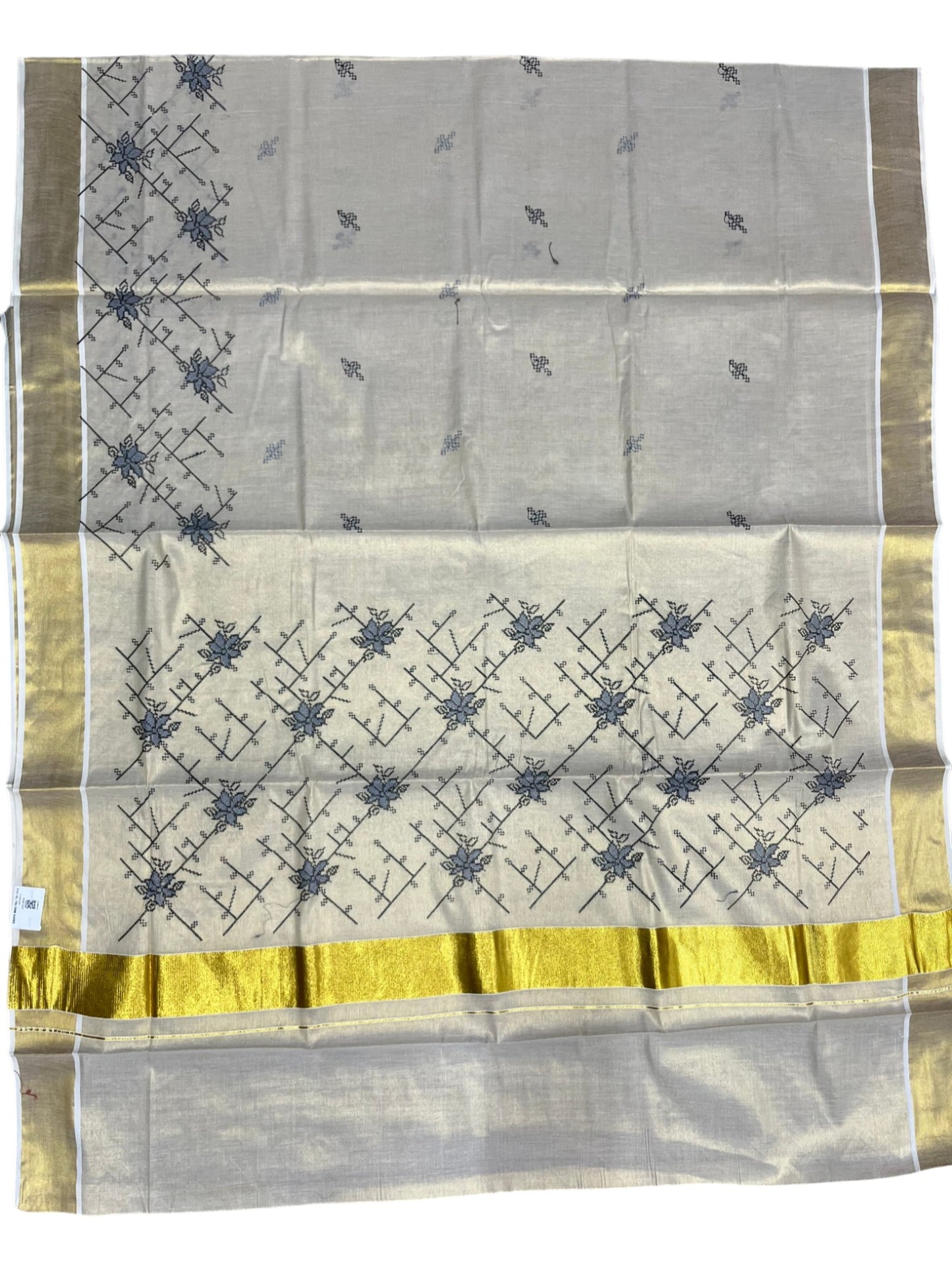 Southloom Tissue Kerala Kasavu Saree with Floral Embroidery Work on Body in Grey
