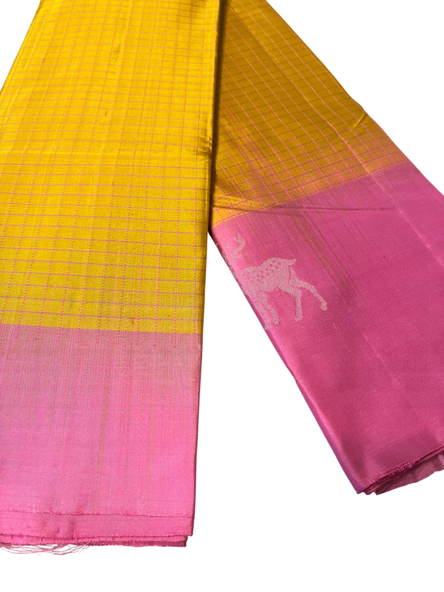 Southloom Pure Handloom Bridal Kanchipuram Silk Saree with Korvai Work (Yellow & Pink)