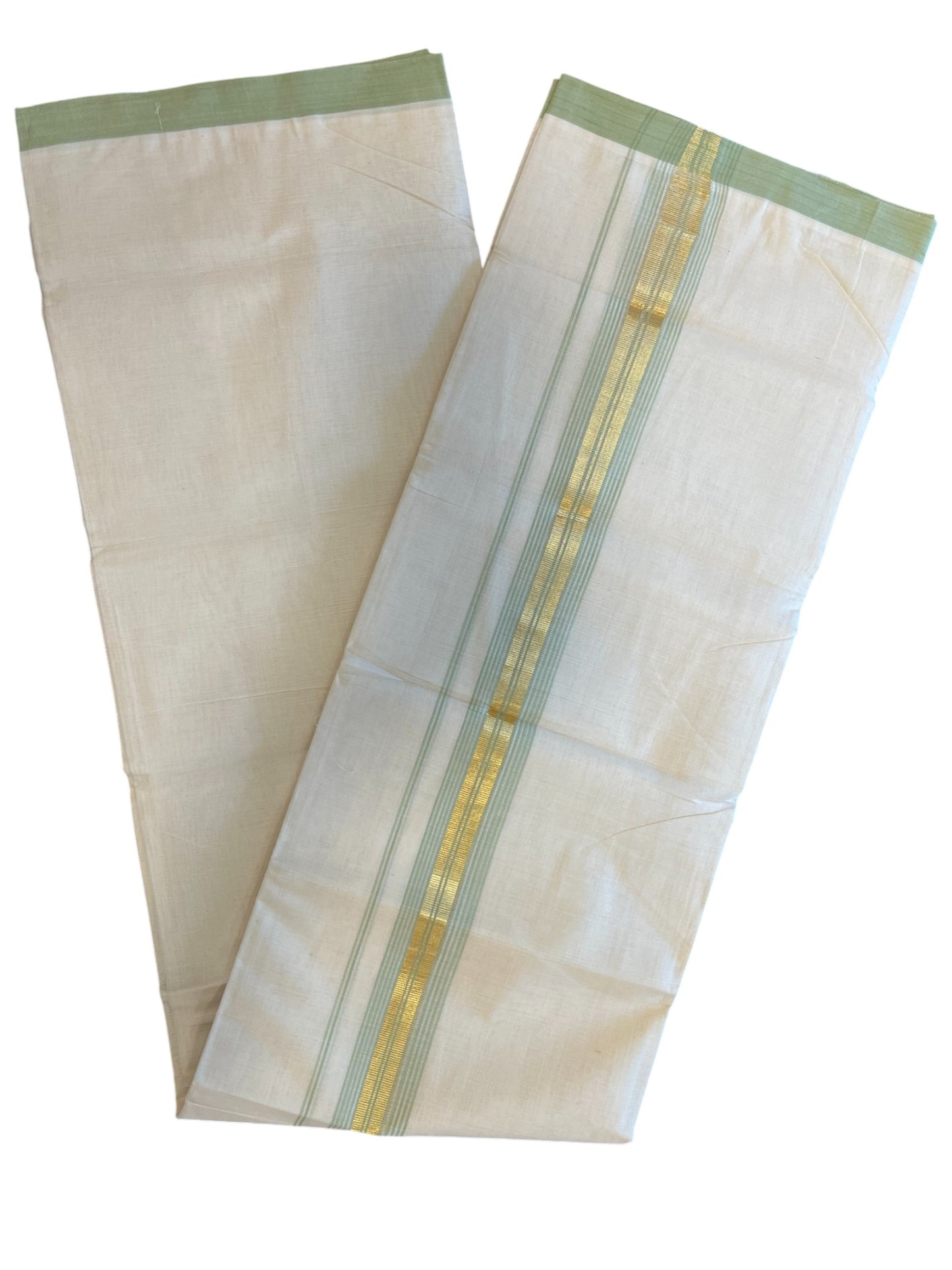 Southloom Premium Handloom Cotton Double Mundu with Gold and Green Border