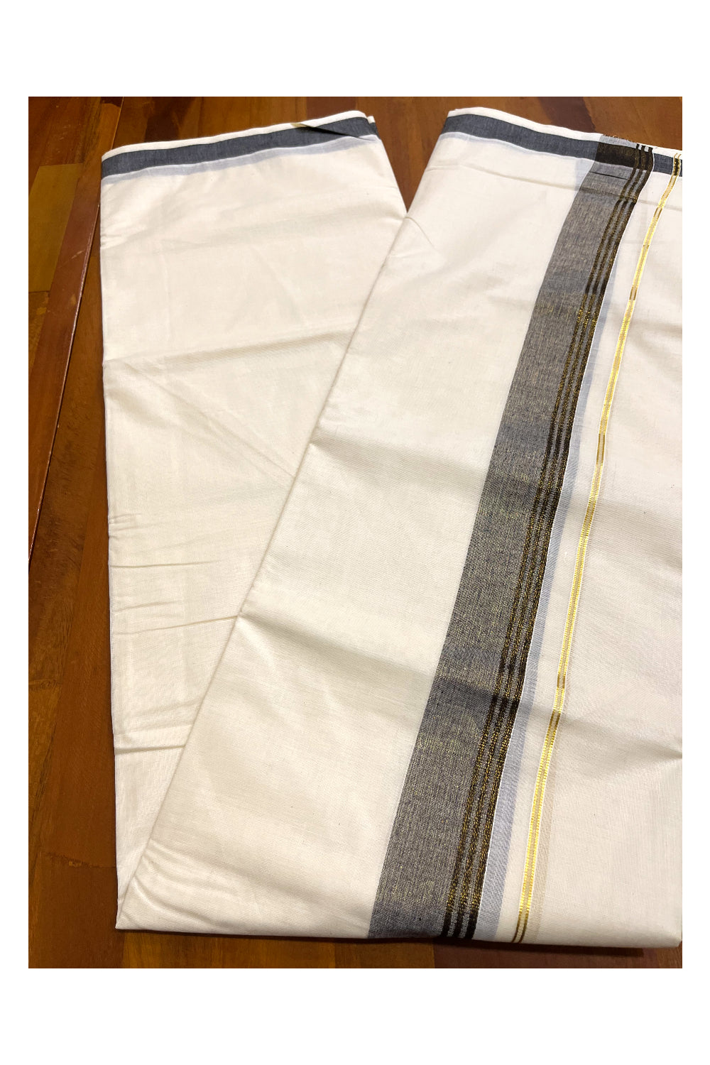 Off White Kerala Cotton Double Mundu with Kasavu and Black Border (South Indian Kerala Dhoti)