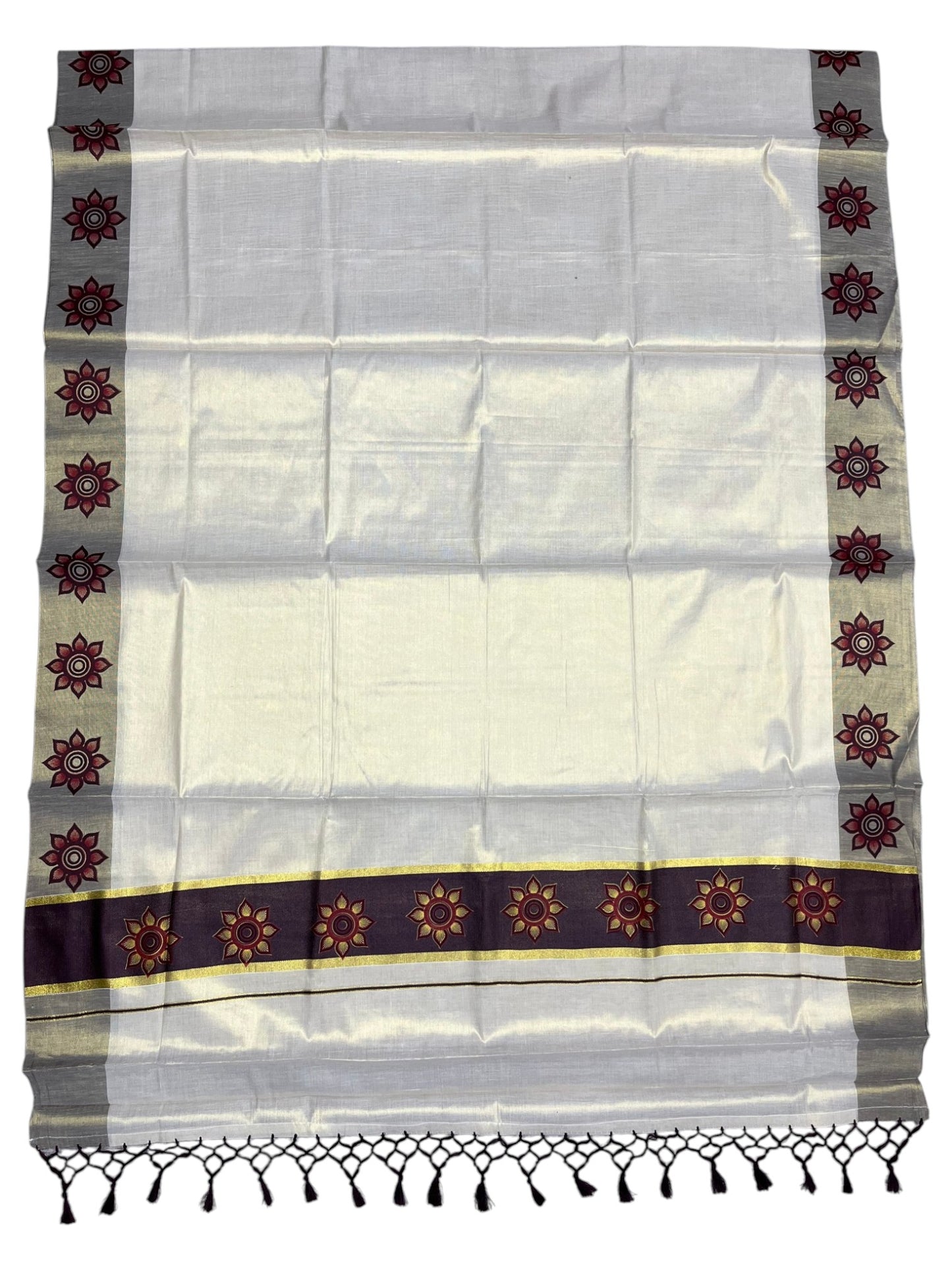 Southloom Kerala Tissue Kasavu Saree with Floral Block Prints in Brown Border