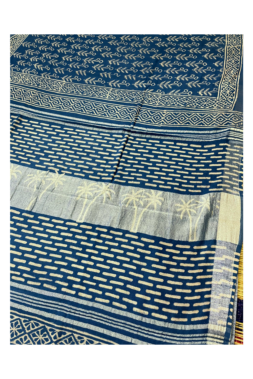 Southloom Linen Blue Saree with Designer Prints on Body