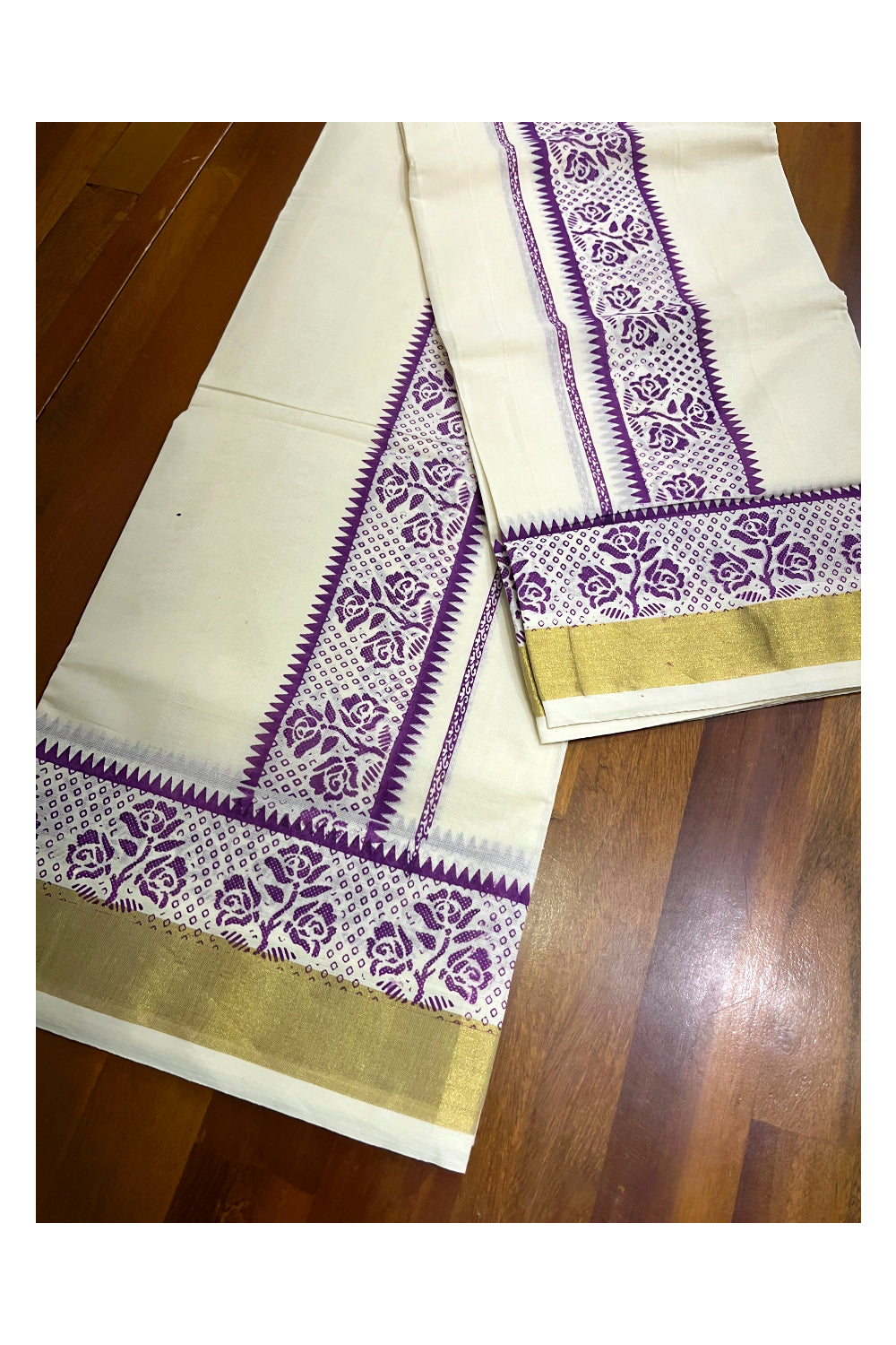 Kerala Cotton Single Set Mundu (Mundum Neriyathum) with Violet Block Prints and Kasavu Border - 2.80Mtrs