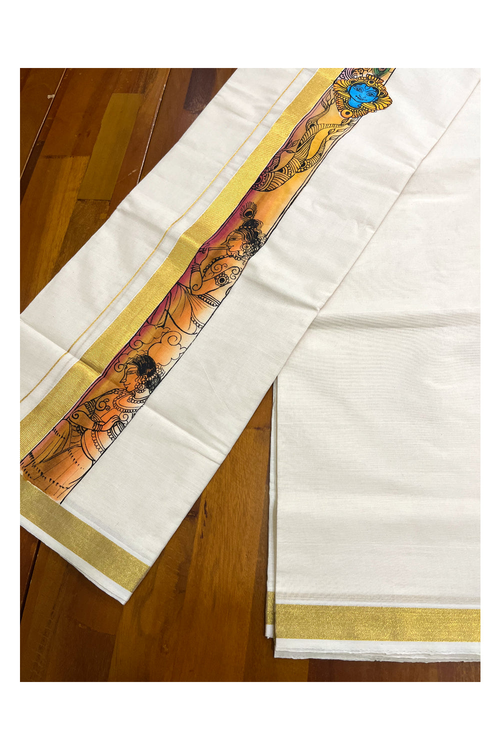 Kerala Pure Cotton Double Mundu with Krishna Mural Hand Painted Design on Kasavu Border (South Indian Kerala Dhoti)