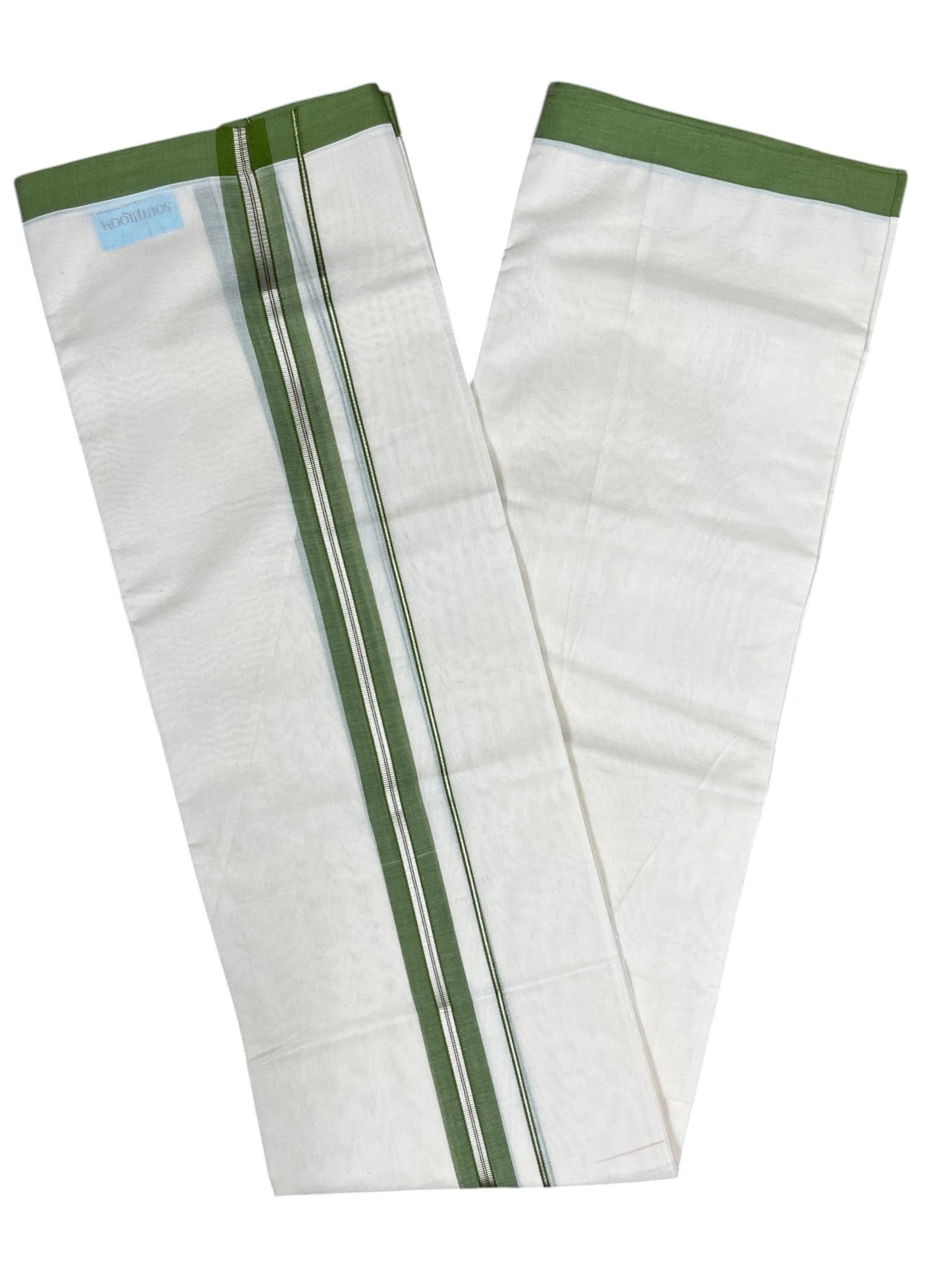 Southloom Pure Cotton Mundu with Silver Lines and Green Border (South Indian Kerala Dhoti)