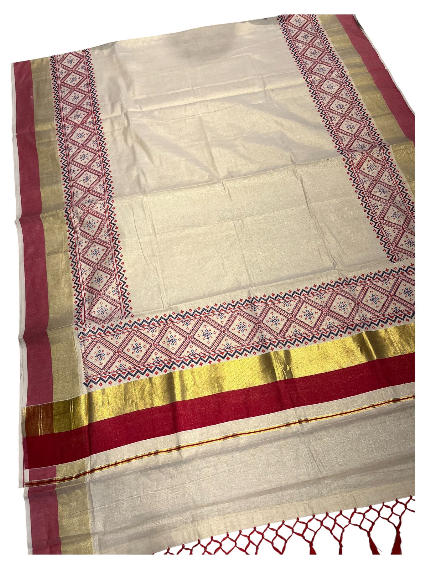 Southloom Kerala Tissue Kasavu Saree Red Hand Printed