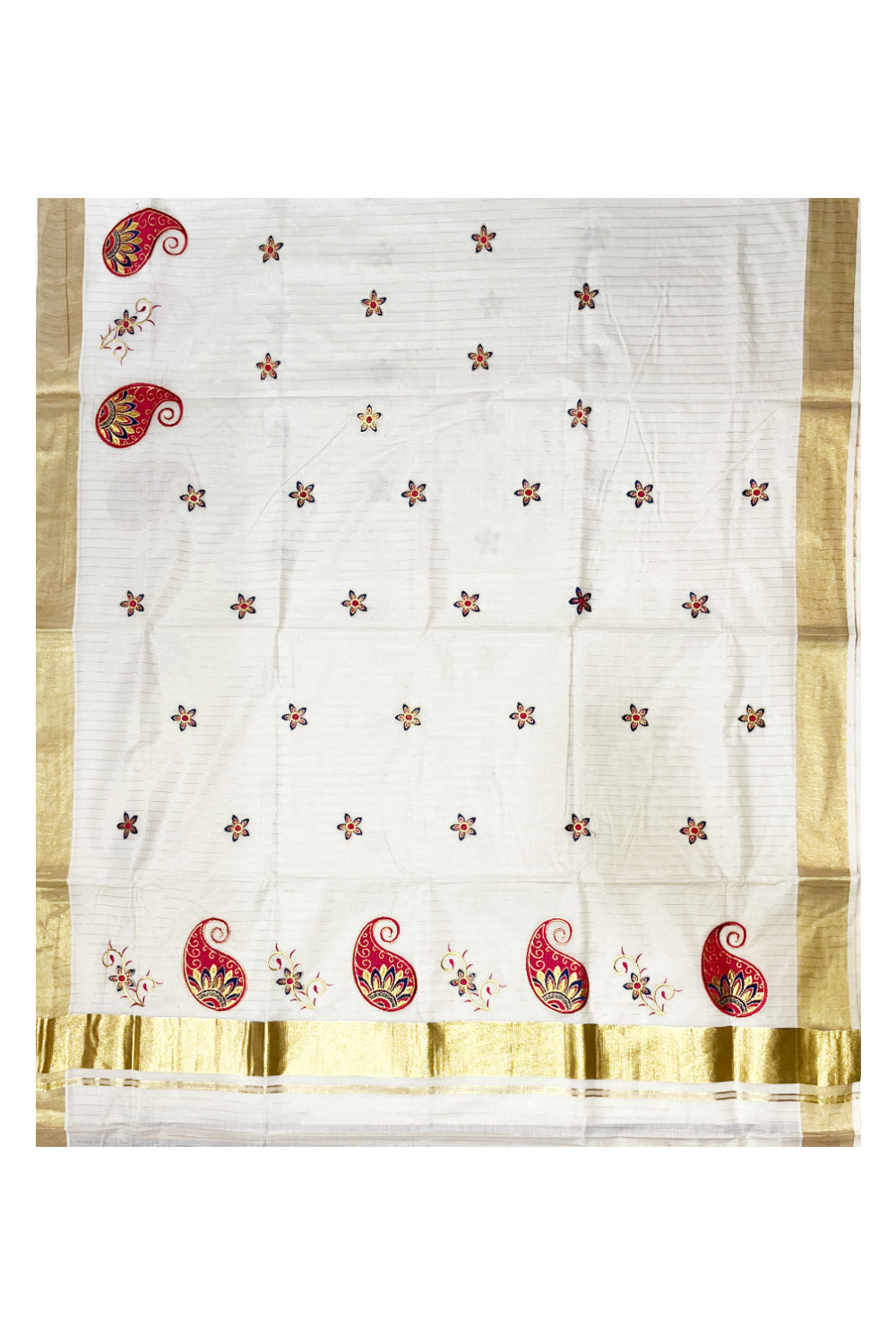 Southloom Kerala Cotton Kasavu Lines Saree with Paisley Embroidery Works on Body