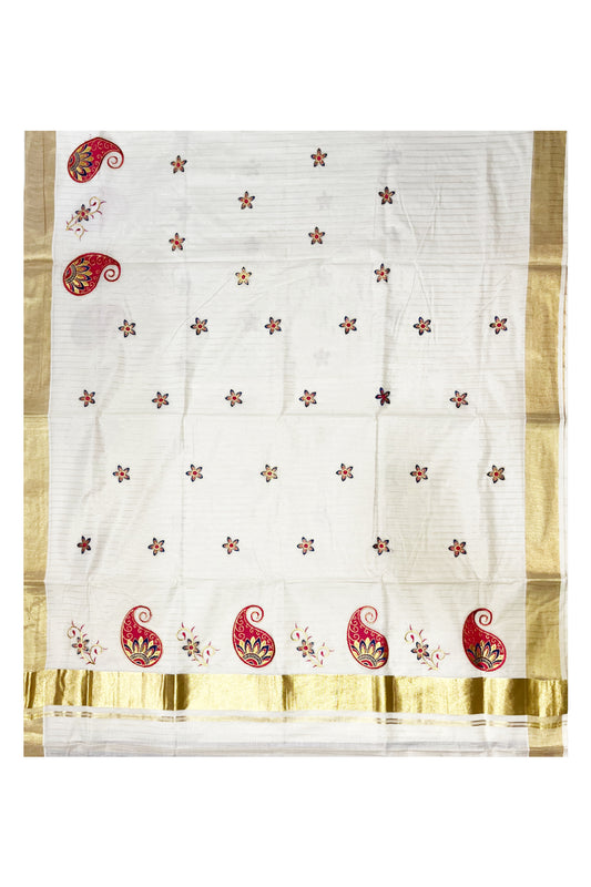 Southloom Kerala Cotton Kasavu Lines Saree with Paisley Embroidery Works on Body