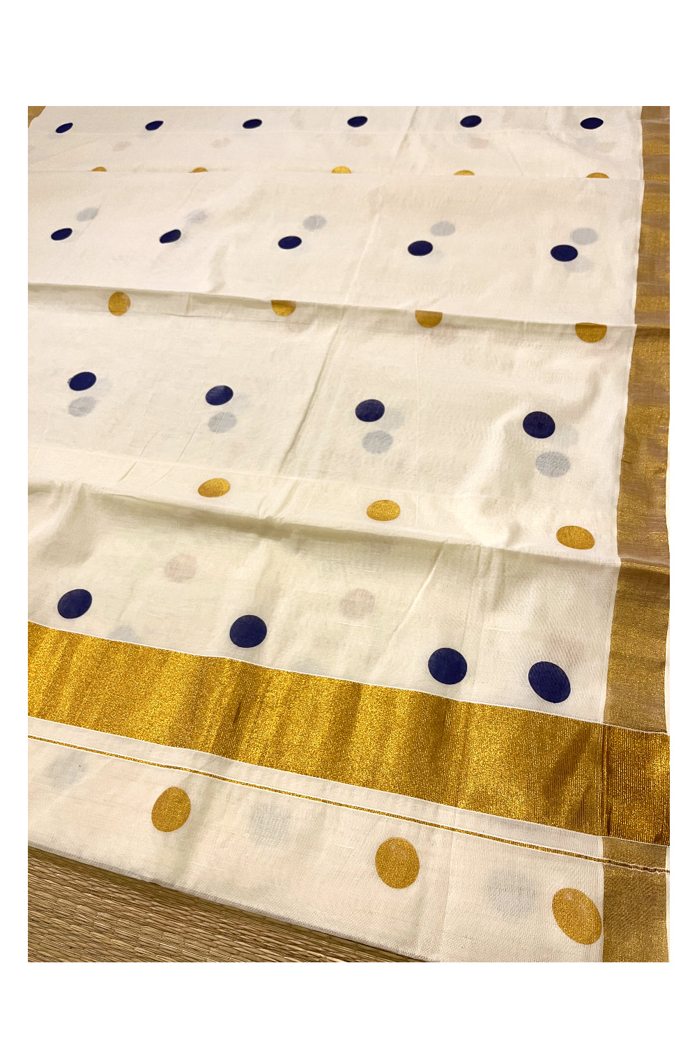 Pure Cotton Off White Kerala Kasavu Saree with Blue and Golden Polka Block Printed Design