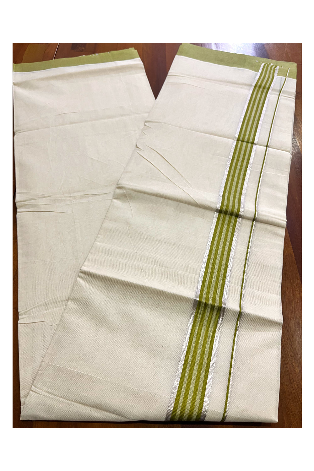 Kerala Pure Cotton Double Mundu with Silver Kasavu and Olive Green Border