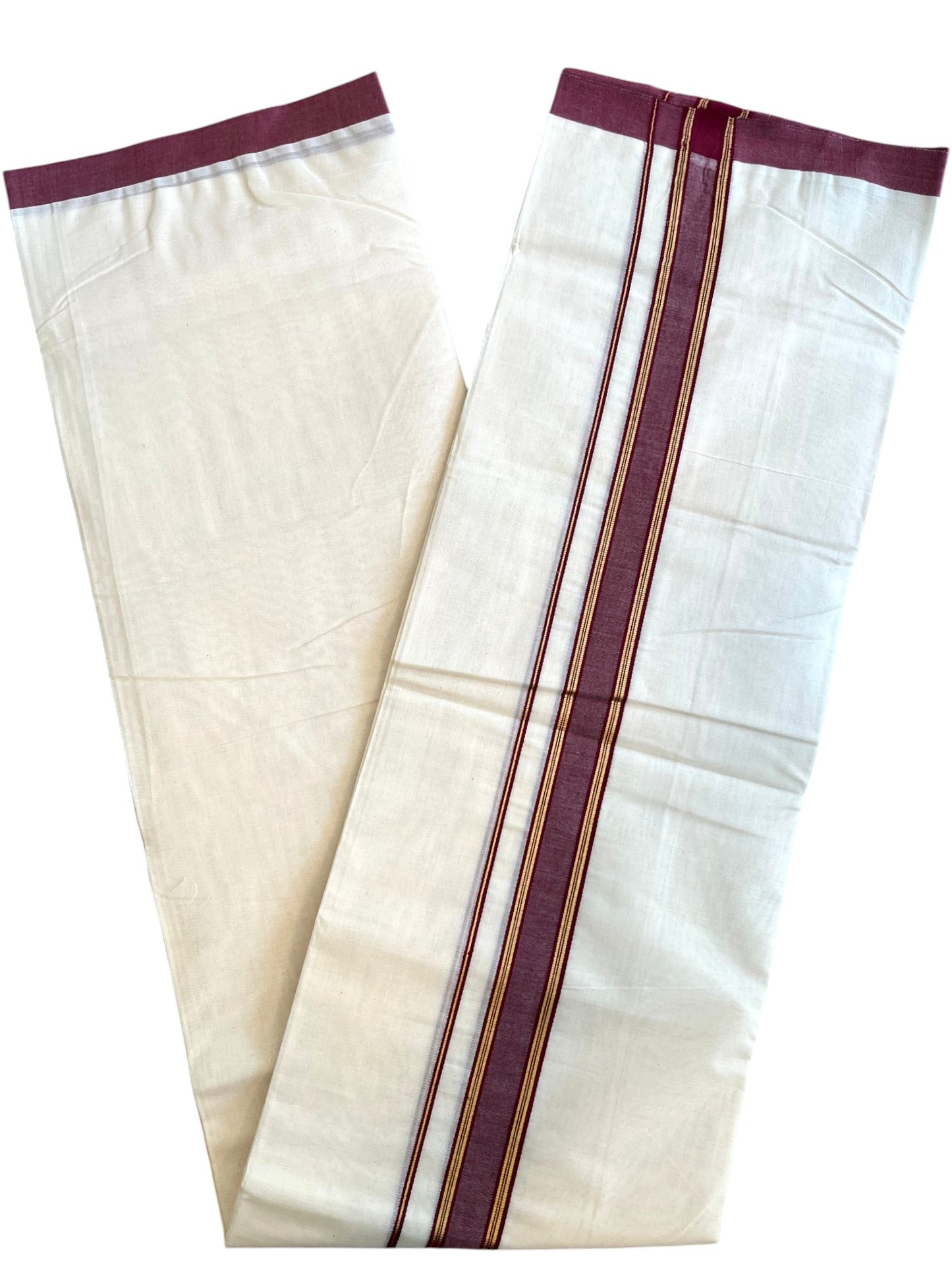 Southloom Pure Cotton Mundu with Golden Lines and Maroon Border (South Indian Kerala Dhoti)