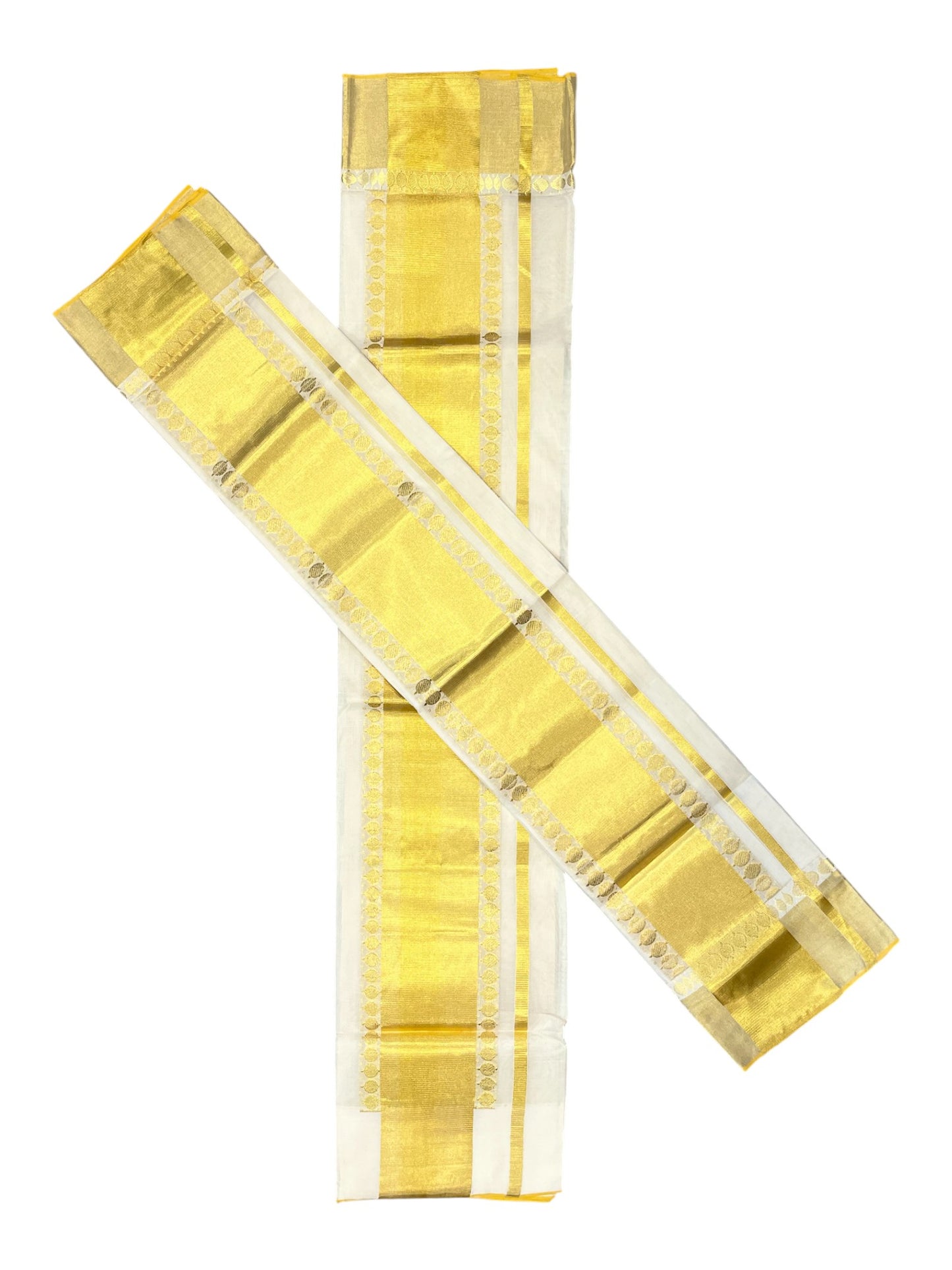 Southloom Handloom Premium Cotton Kasavu Set Mundu With Polka Woven Patterns On Border (Mundum Neriyathum) 2.80 Mtrs