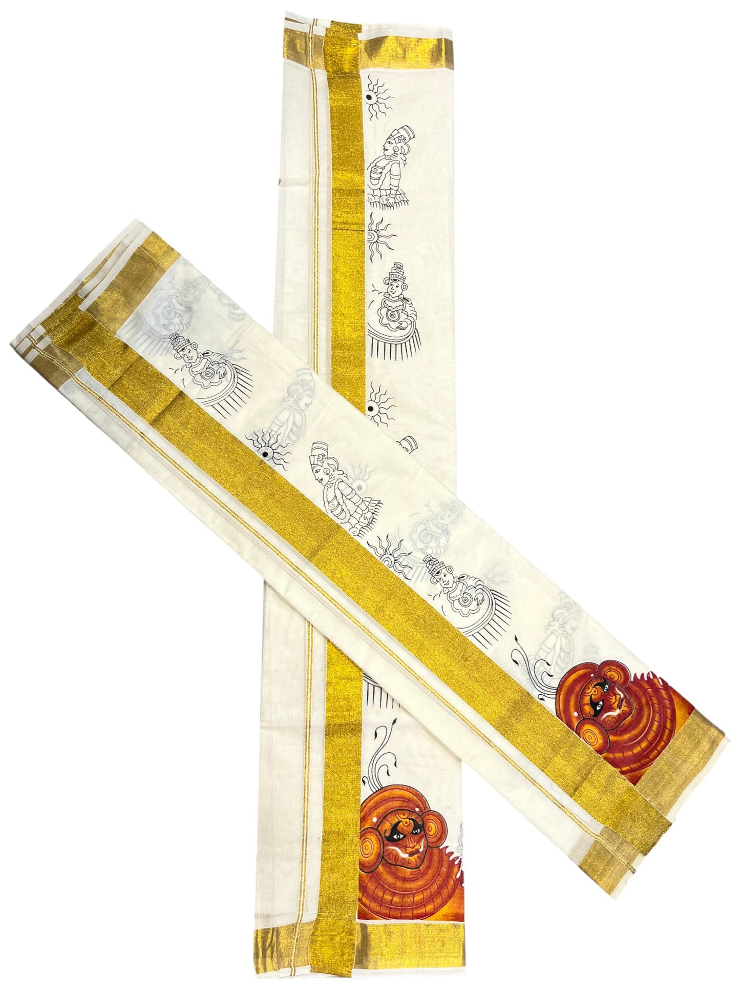 Southloom Kerala Cotton  Set Mundu (Mundum Neriyathum) with  Theyyam Printed Design