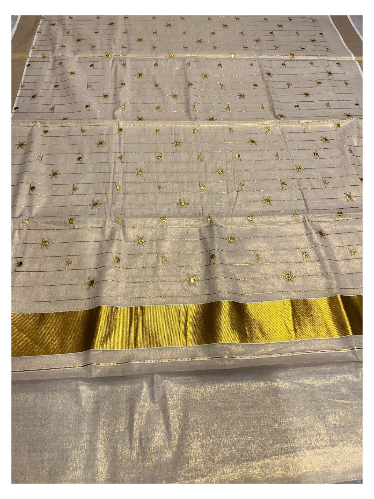 Kerala Tissue Kasavu  Saree with Golden  Embroidery Works