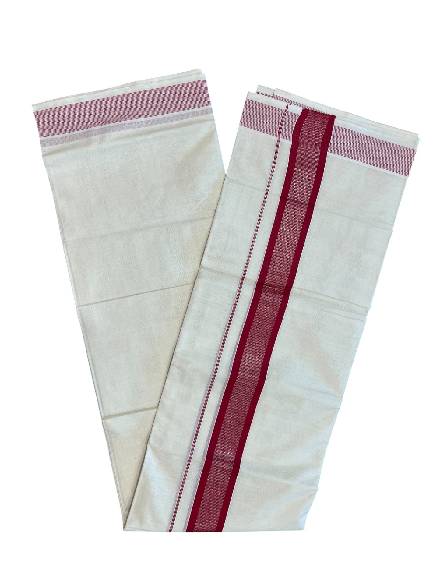 Southloom Kerala Pure Cotton Double Mundu with Silver Lines & Maroon Border (South Indian Dhoti)