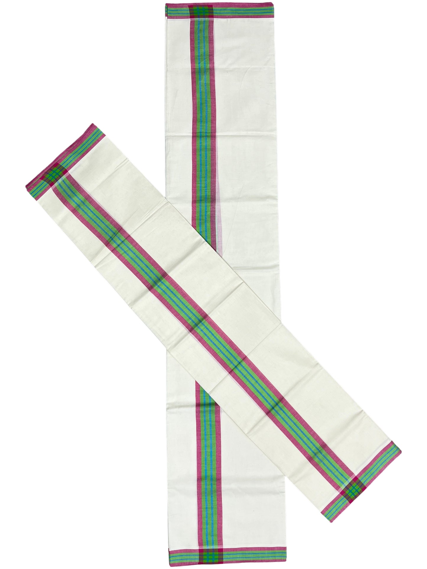 Southloom Kerala Mulloth Cotton Single Mundum Neriyathum with Pink and Green Border SL243