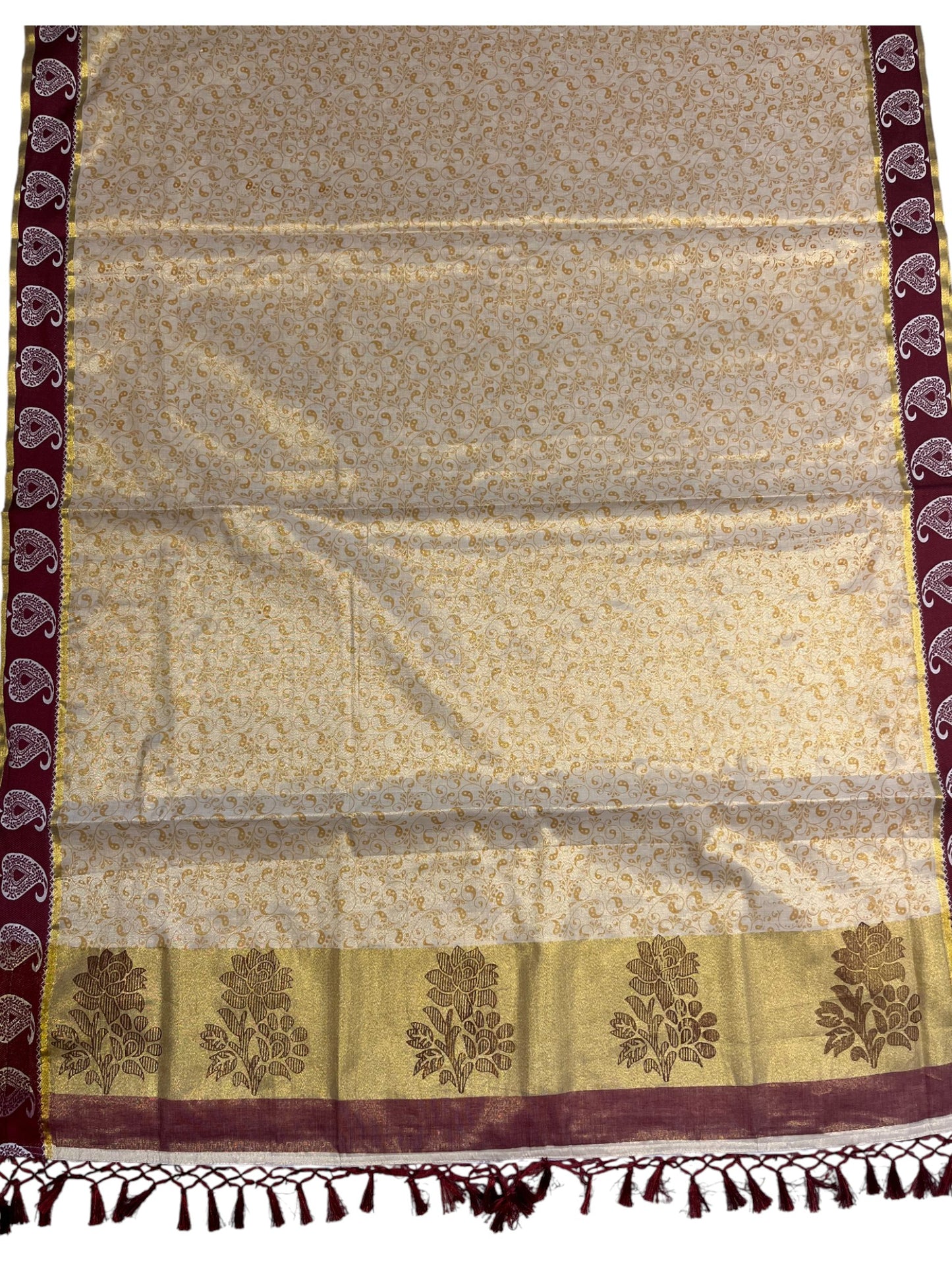 Southloom Kerala Tissue Kasavu Printed Saree with Maroon Floral Embroidery Works and Tassels