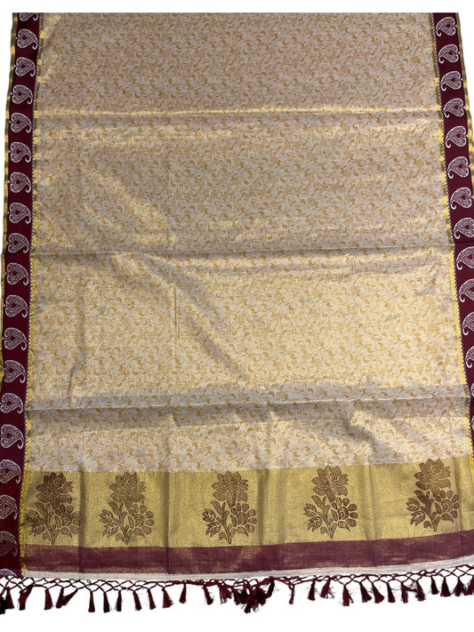 Southloom Kerala Tissue Kasavu Printed Saree with Maroon Floral Embroidery Works and Tassels