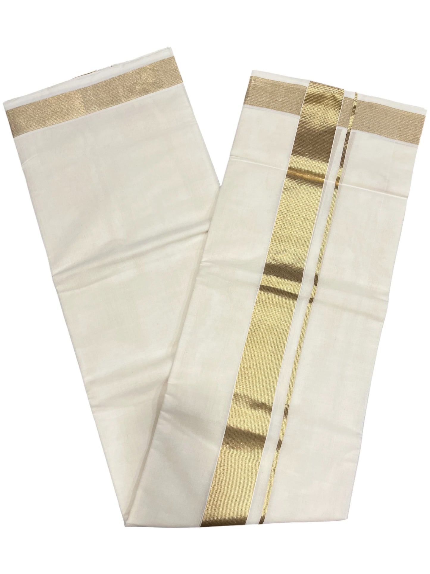 Southloom Premium Handloom Cotton Double Mundu with Gold And Silver Kasavu Border