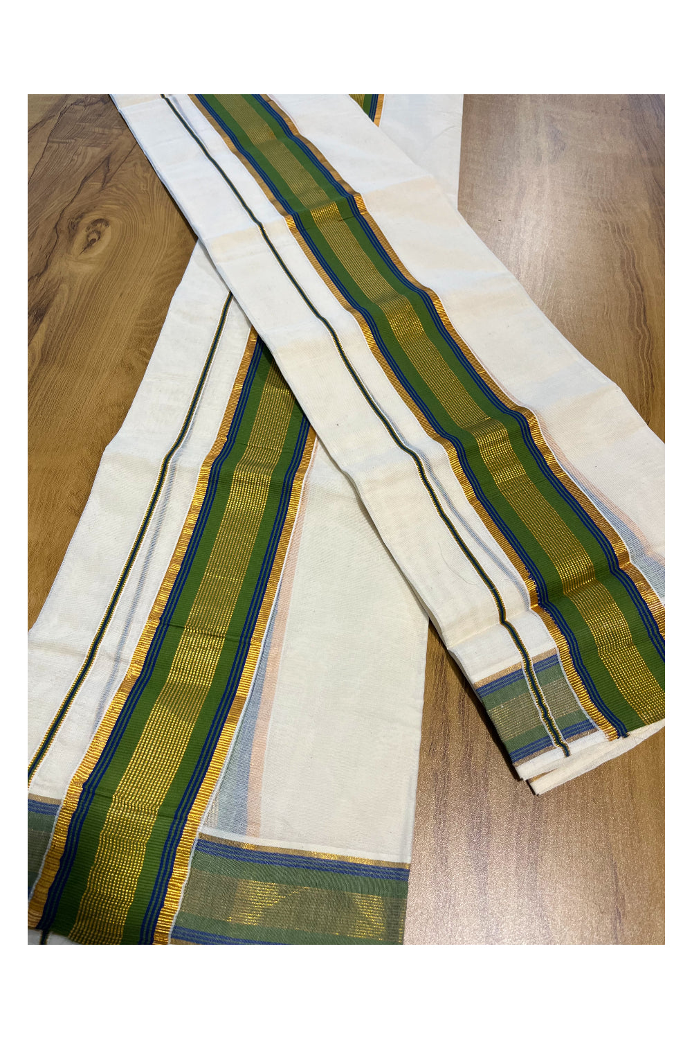 Kerala Cotton Set Mundu (Mundum Neriyathum) with Kasavu and Olive Green Border