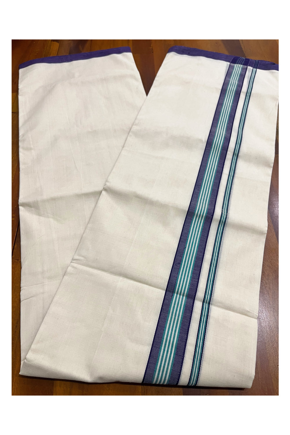 Premium Balaramapuram Handloom Unakkupaavu Cotton Double Mundu with Violet and Green Border (Vishu 2024 Collection)