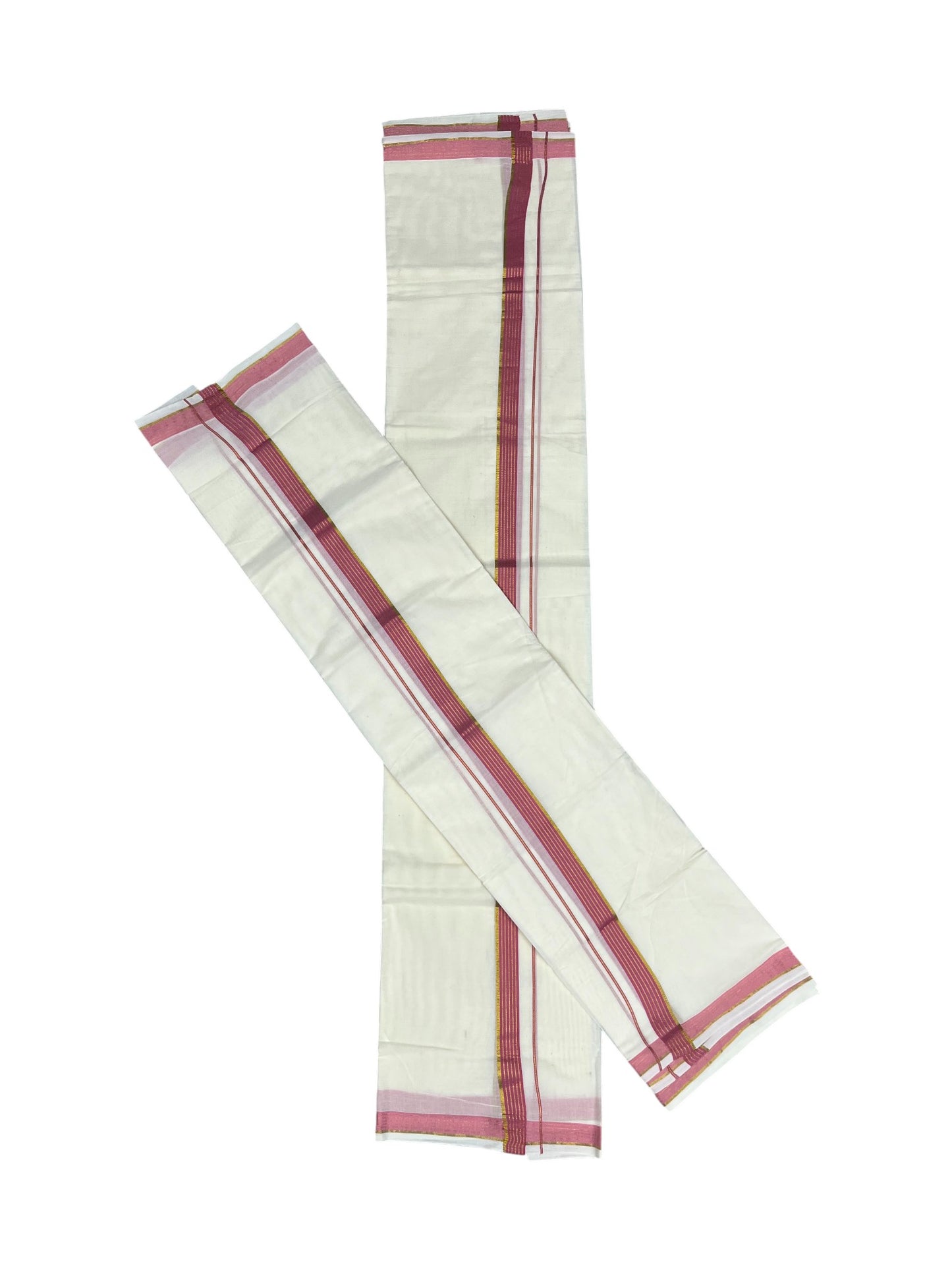 Pure Cotton Kerala Single Set Mundu (Mundum Neriyathum) with Pink Kasavu Border in 2.80 Mtrs