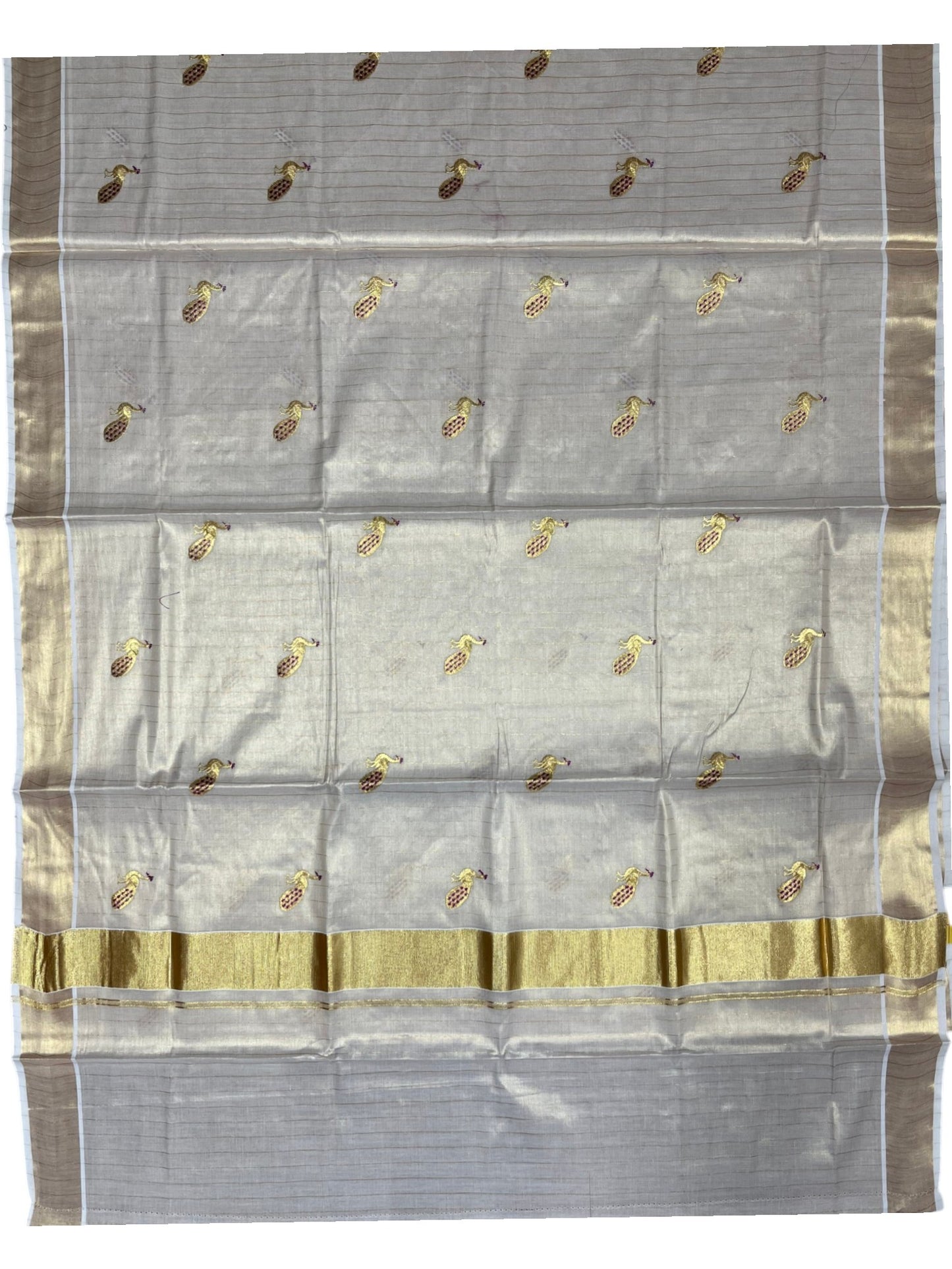Southloom Tissue Kerala Kasavu Lines Saree with Peacock Embroidery Work on Body in Magenta